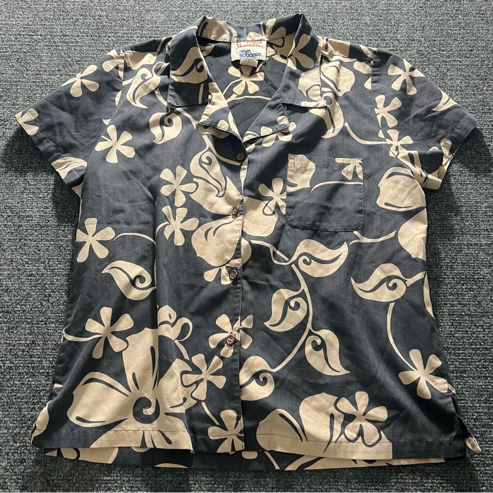 Reyn Spooner Shirt Womens Medium Gray Alfred Shaheen Button Down Floral Hawaiian